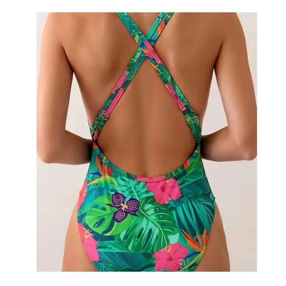 Swim Summer Beach Tropical Printed Hollowed Out One Piece Floral Sz XL - Picture 3 of 9